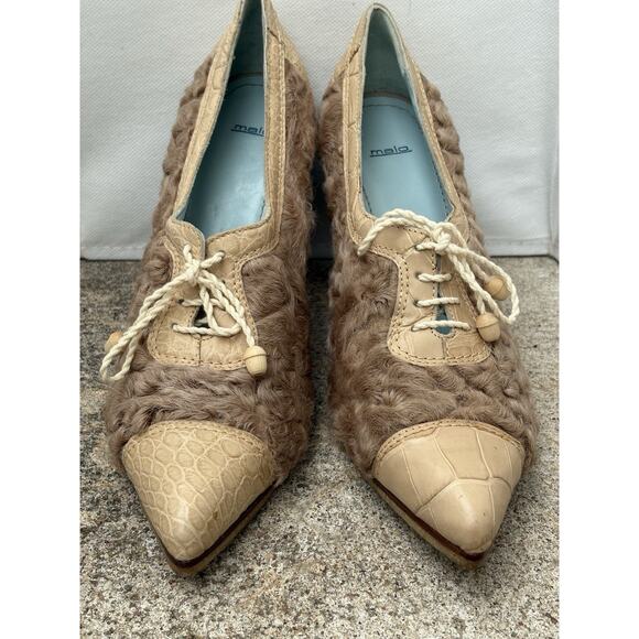 Designer Malo Heels 39 Fur Pointy Toe Pump Leather Italian Retro Lace Up Artsy - Picture 2 of 10